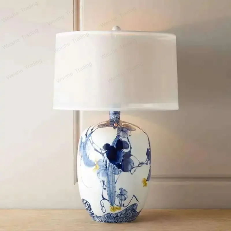 

Ceramic Table Lamp Hand-painted Bedroom Bedside Lamp New Chinese Classical Home Decoration Fabric Floor Lamp