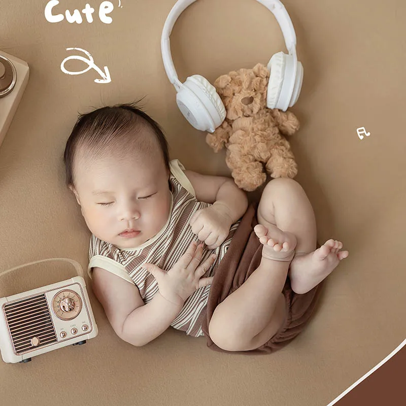 Maillard-Chapeau en Y à rayures et mini radio pour bébé, accessoire de photographie pour nouveau-né, 3 pièces/ensemble