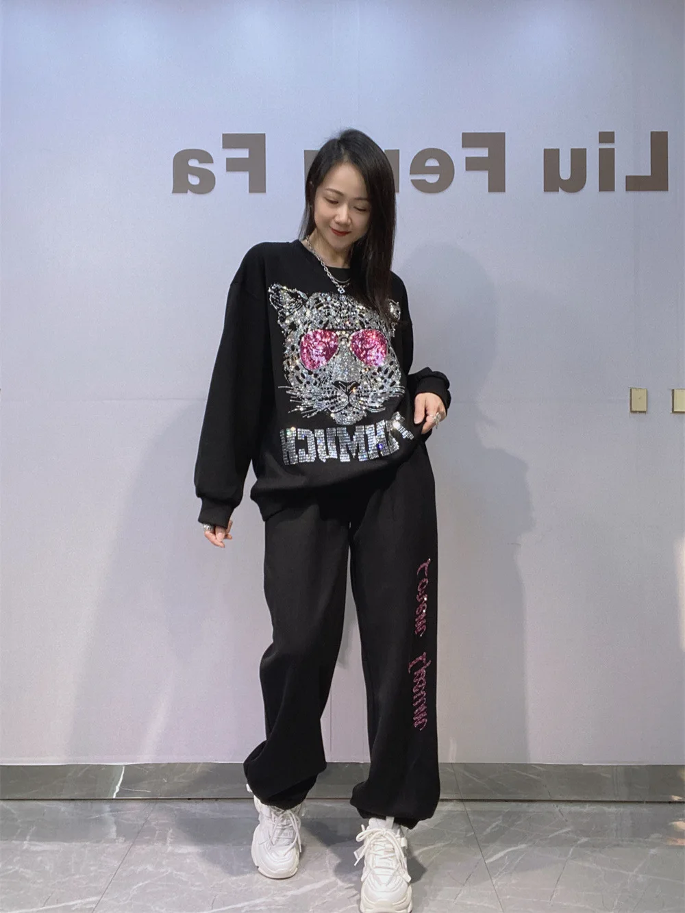 

Two Pieces Knitting Set Women Strechy Pattern Sequins Suit Sweatshirts And Knitting Pants Cotton Hot Diamond long Sleeve Set