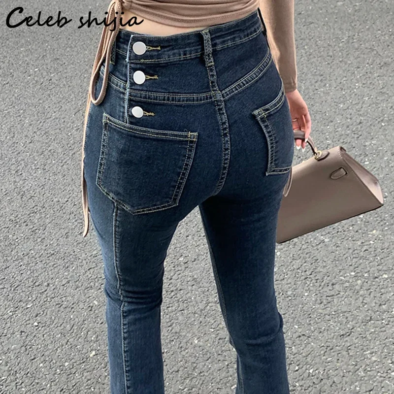 

Button Up Jeans Women Vintage Elastic Denim High Waist Flare Pants Female Y2k Dark Blue Streetwear Korean Mom Jeans Bell