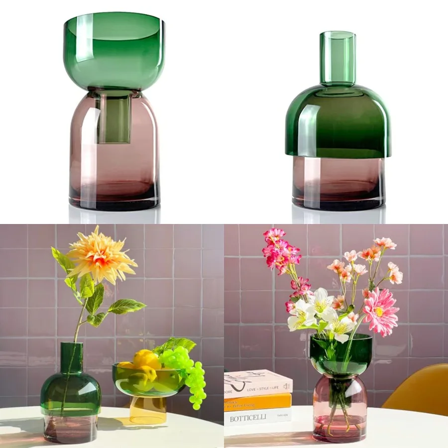 

Large Reversible Glass Flower Vase and Bud Vase, Green and Pink, 9.5" Height x 5.6" Dia, Home, Wedding, and Event Decor