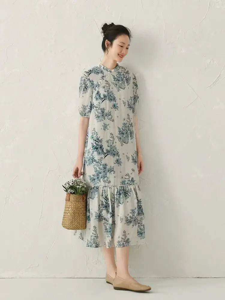 Robe d'été en lin à manches courtes pour femmes, nouveau Style, à la mode, nationalité chinoise, Design de peinture imprimé, robe trapèze N747