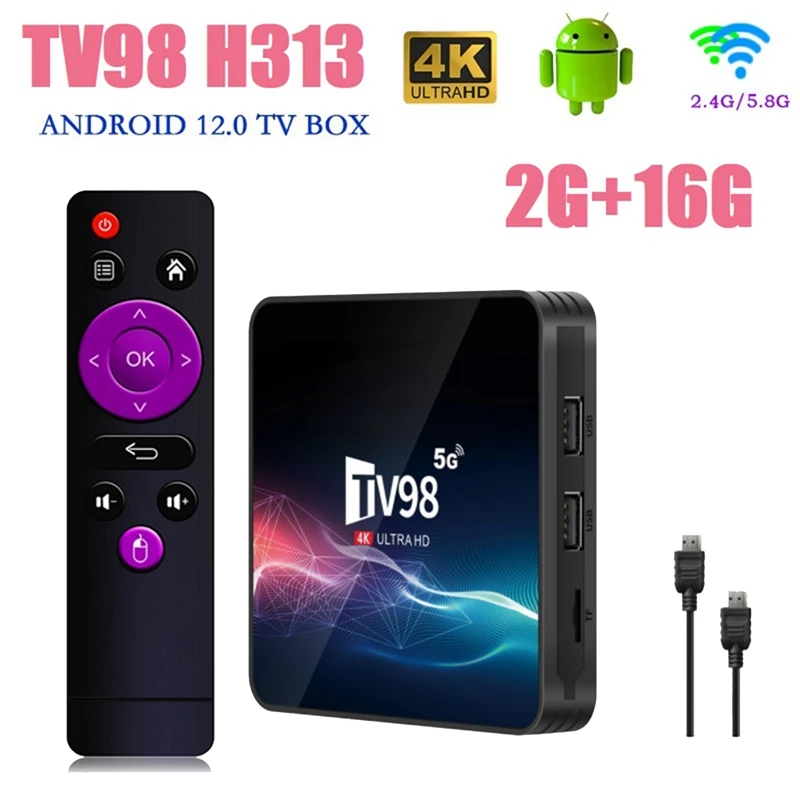 TV98 TV Box 2G+16G 2.4G &5G Wifi Allwinner H313 4Kx2k Android 12 Set-Top Box TV98 Media Player Easy Install Easy To Use US Plug