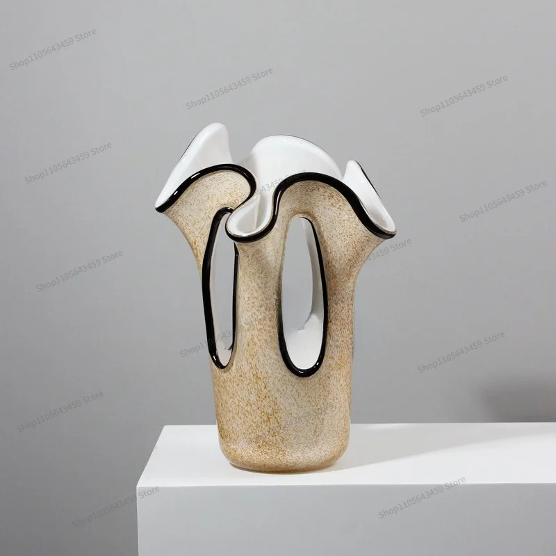 For modern light luxury style petal mouth black edge hollow light brown glazed vase beautiful ornament