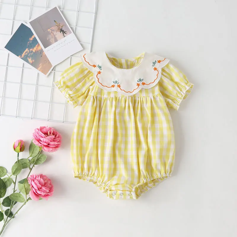 Korean Style Baby Girls Romper Yellow PlaidSummer New Princess Cotton Bodysuit Infant Cute Clothes Breathable & Confort