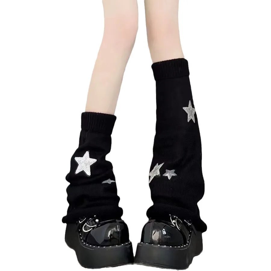 New Y2K Sweet Cool Style Streatwear Girls Leg Warmers JK Girls Lolita Drawstring Striped Socks With Stars Pattern Printed