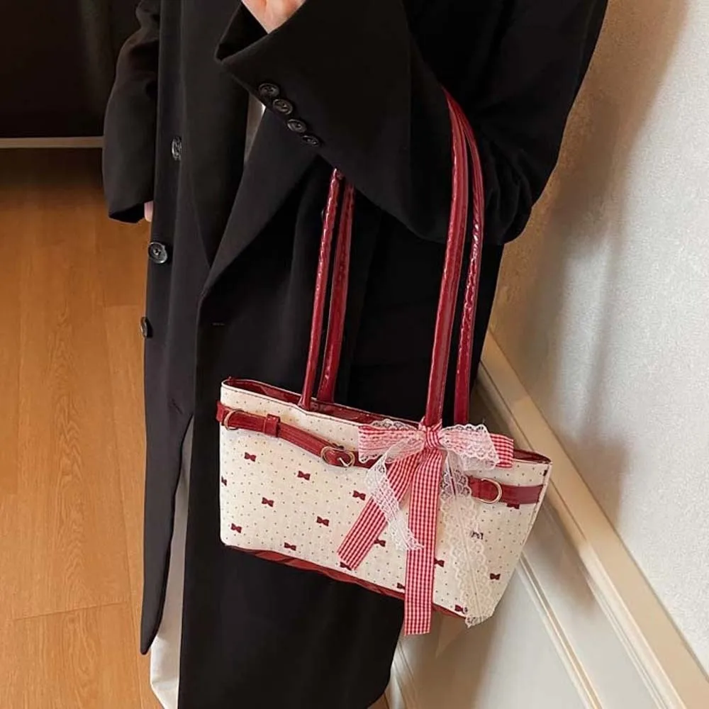 Tas Tote Prancis Manis Serbaguna dengan Pita Renda, Kapasitas Besar, Tas Tangan PU dengan Pita, Tahan Air, Warna Kontras, Tas Selempang untuk Sekolah