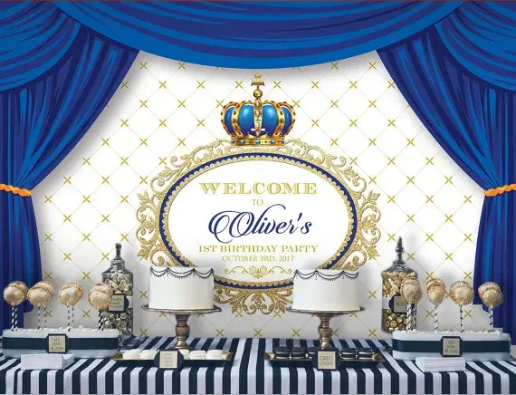 custom Blue Crown Prince Boys Curtains backdrops  High quality Computer print party backgrounds