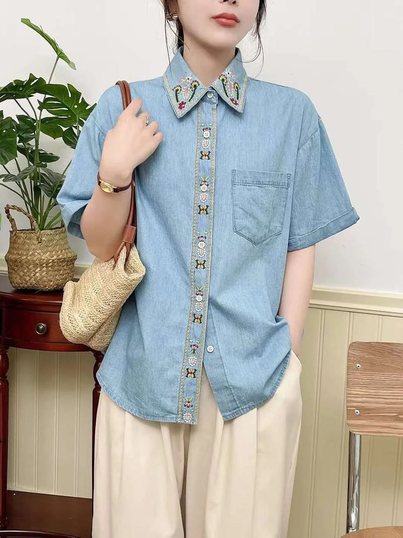 

Harajuku fashion denim shirts and blouses for women summer Japan style embroidery blue jean shirts Y2K vintage top