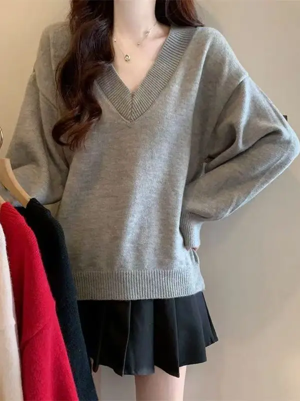 

Gray V-Neck Knitted Sweater Women's Loose Fit Lazy Style Autumn Winter High Sensation Small Size Top Korean Loose Long Sleeve