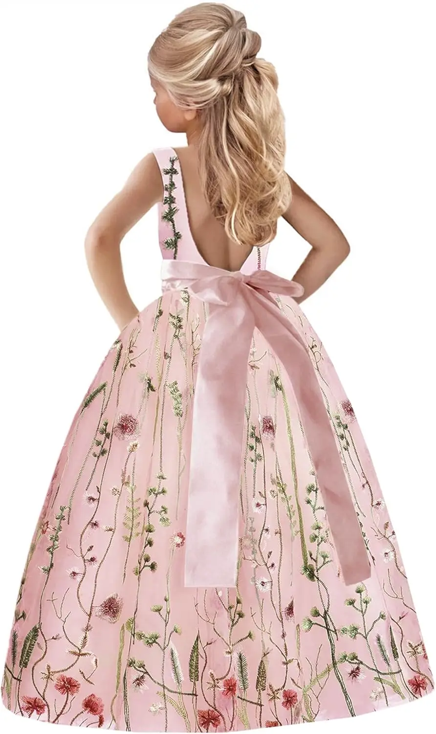 

3D Flower Applique Floral Fairy Embroidered Overlay Strap Tie Tulle One Shoulder A-Line Flower Girl Dress【Pink】