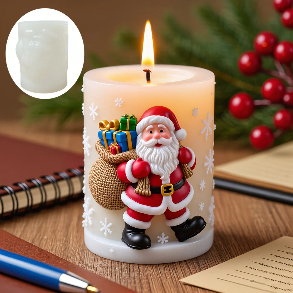 Santa Claus carrying gift relief cylindrical candle silicone mold Smile Santa Claus snowflake gift bag molds Christmas Gift