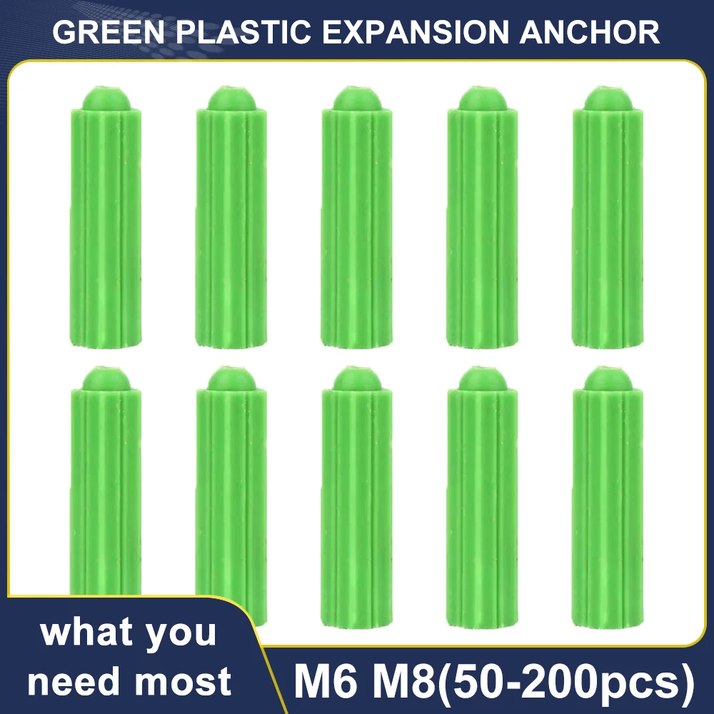 M6 M8 Green Expansion Plastic Anchors Rubber Drywall Plug Nylon Ribbed Anchor for Self-tapping Screws 50pcs-200pcs