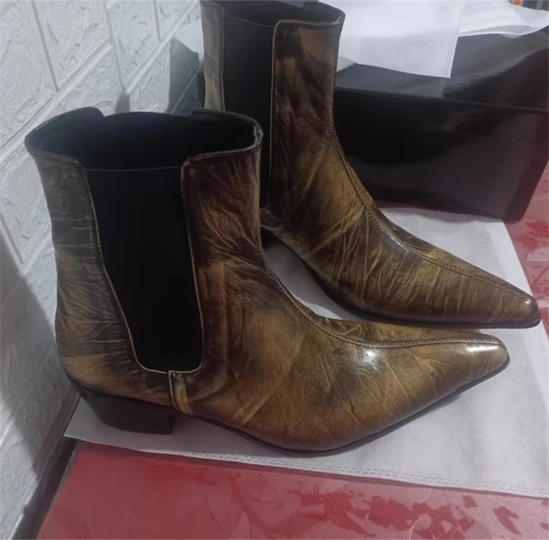 

Luxury Handmade Men Chelsea Boots Winter New Fashion Pointed Toe Thick Heels Slip On Ankle Booties Concise Business Party Shoes