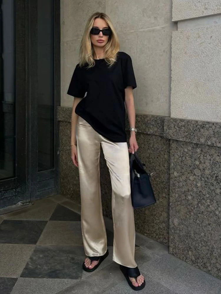 High Waist Wide Leg Pants Women's Loose Fit Acetate Satin Fabric Visual Lengthening Effect Casual Trousers Commute Style