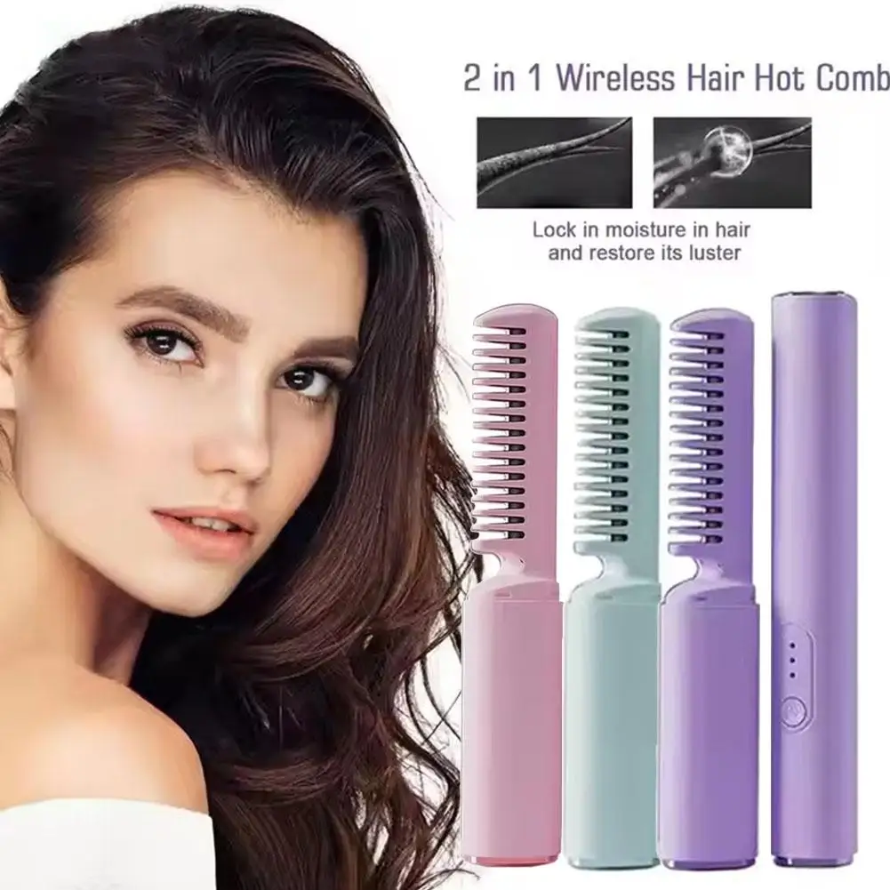 USB Rechargeable Mini Hair Straightener Curler Comb Curling Iron Personal Care Multifunctional Hairstyle Brush for Travel G5V4