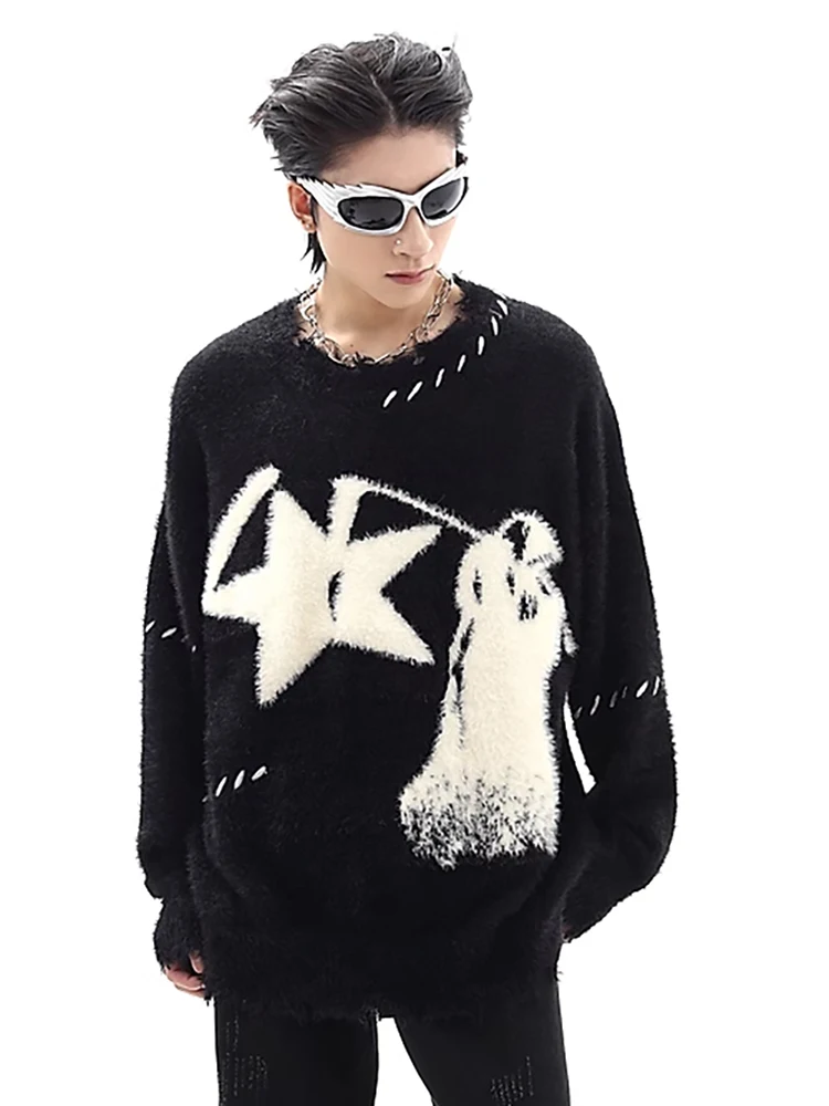 ropa hombre Streetwear Hip Hop Sweaters Men Harajuku Oversized Sweater Knitted Jumper Loose Casual Pullover Sweaters Black Beige