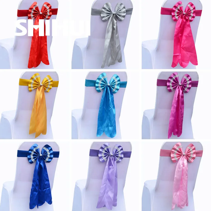 Satin Ribbon Diamond Bow Tie Chair Knot Cover Belt Back Long Tail Seat Sashes For House Banquet Wedding Party Event Decoration