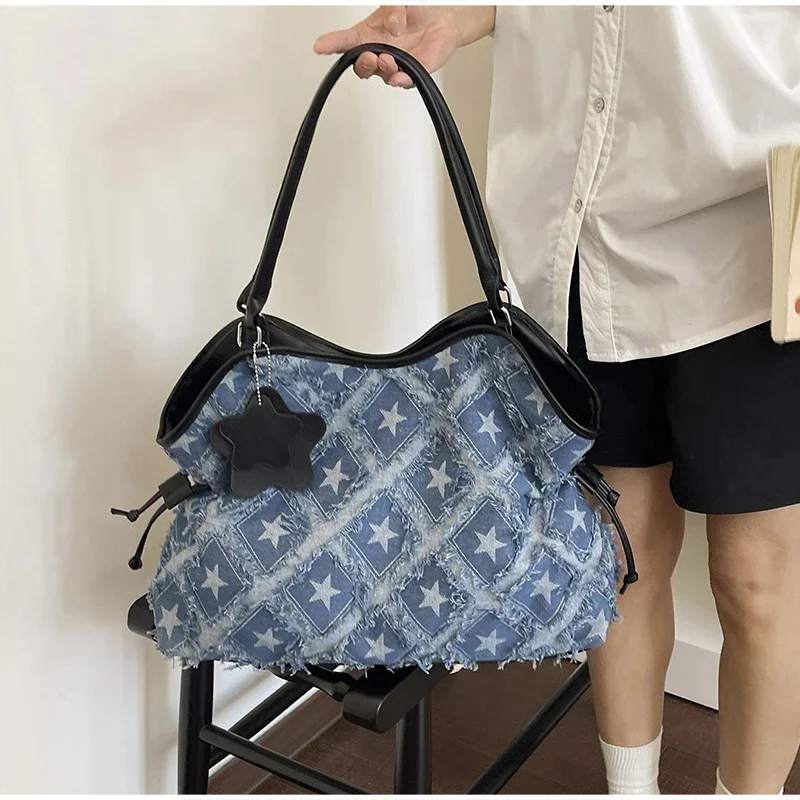 Denim Canvas Grid Umhängetasche, Damen-Umhängetasche mit großem Fassungsvermögen, lässiger, niedlicher Wald-Stil, Reisetasche, Handtasche für den täglichen Pendelverkehr, Blau – Detail 7