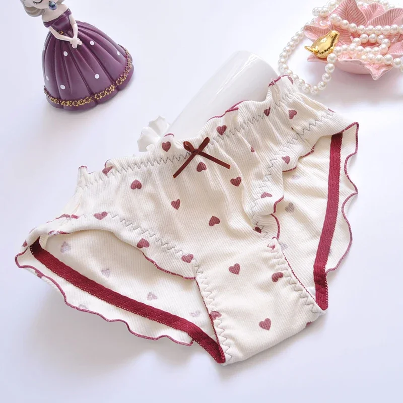 

Women Cotton Heart Print Ruffles Cute Lovely Sweety Panties Middle Waist Breathable Elasticity Princess Bow Underwear Breifs