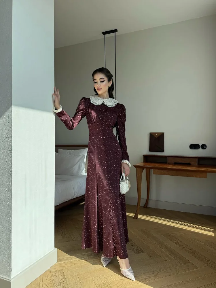 

Polka Dot Lace Patchwork Dress Women Elegant Full Sleeve Peter Pan Collar Maxi Dresses Lady 2026 Daily Commute Office Vestidos