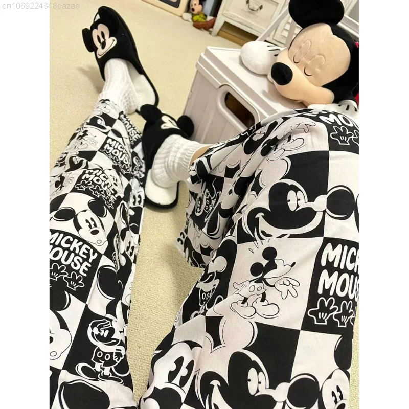 Disney Mickey New Korean Style Casual Home Pants Loose Straight Black White Plaid Trousers For Women Spring Soft Thin Pants Y2k