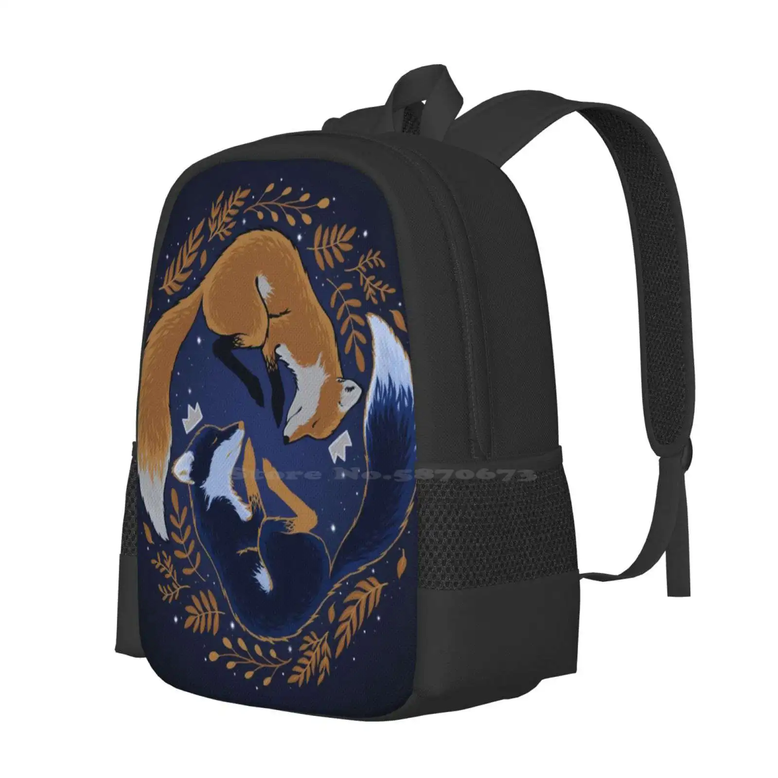 Bolsa de diseño con patrón de zorros nocturnos, mochila para estudiantes, zorro, noche, bosque, hoja, Rey, estrellas doradas