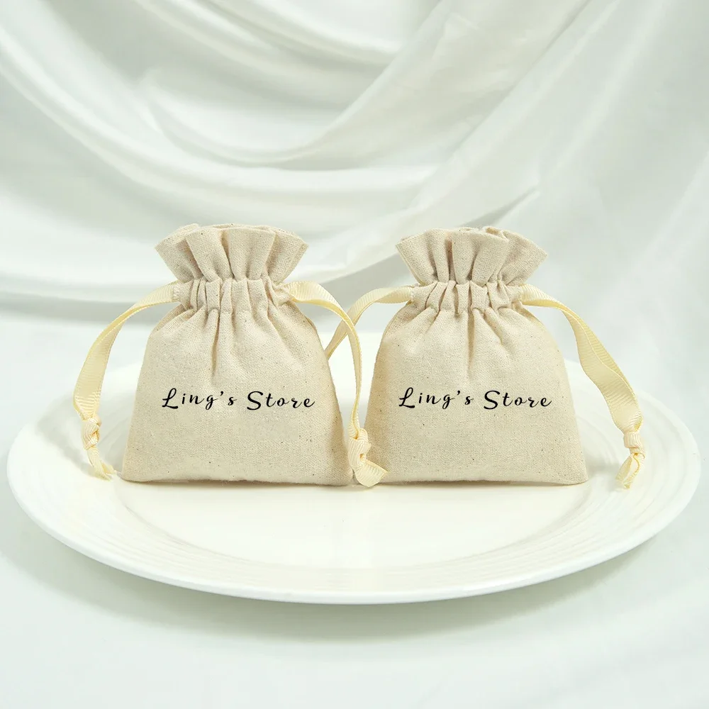 50pcs Retailor Jewelry Muslin Drawstring Sack Natural Cotton Canvas Pouch With Two Side Grosgrain Ribbon DIY Gift Packaging Sack