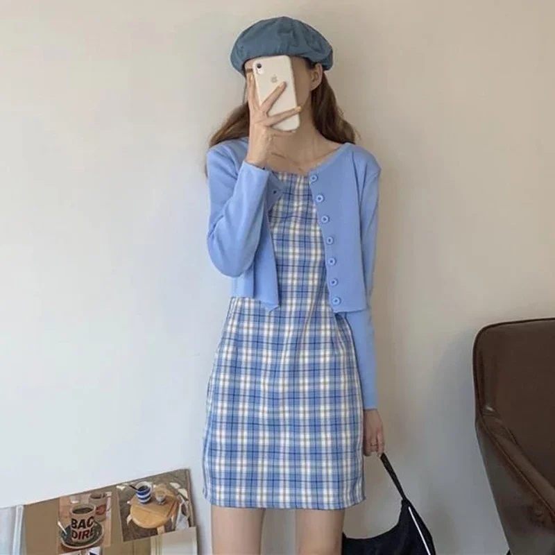 

2023 Summer New Matching Sets Sweet Slim Plaid Slip + Solid color long sleeve Cardigan Prairie Chic A-line Two-piece Dress Suits