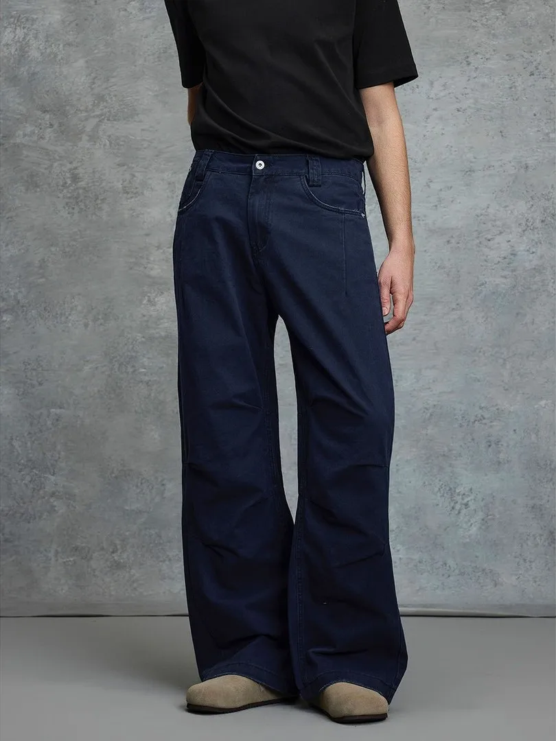 American High Street Vintage Pleated Workwear Dark Blue Cleanfit Simple High-End Wide Leg Casual Pants Straight Cut Loose Fit