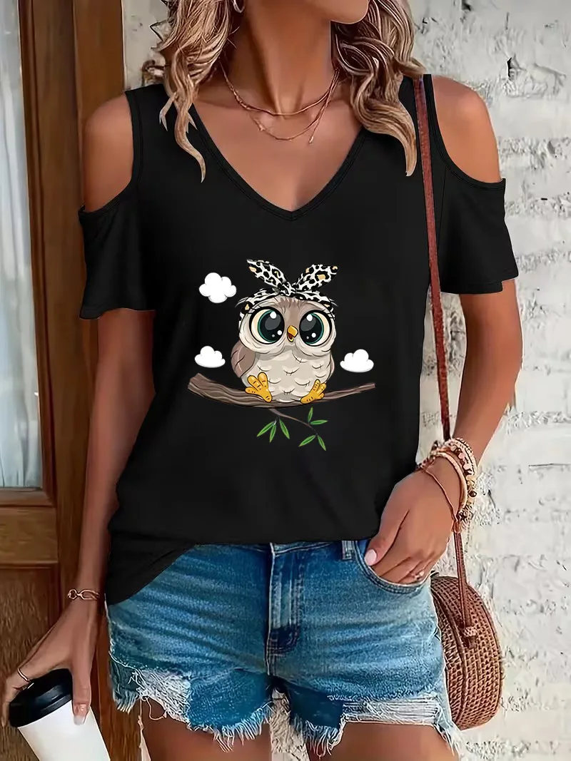 Trendy Cartoon Owl Print Off-Shoulder V-Neck T-shirt Short Sleeve Graphic V Neck T Shirt Casual Summer Women's Clothing Shirt