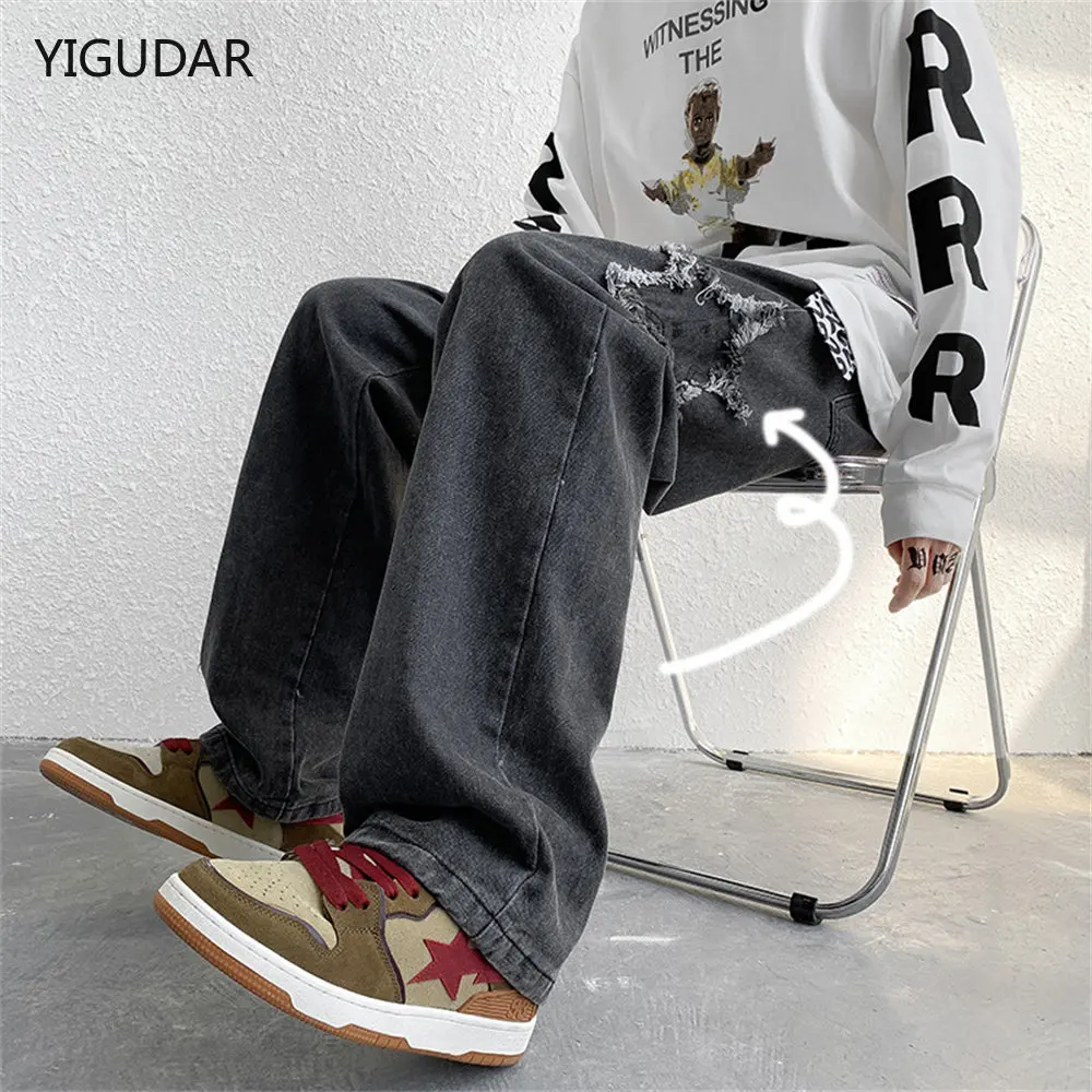 High Street Star Embroidered Jeans Men Retro Washed Patch Loose Wide Leg Pants American Casual Loose Straight Y2K Pants