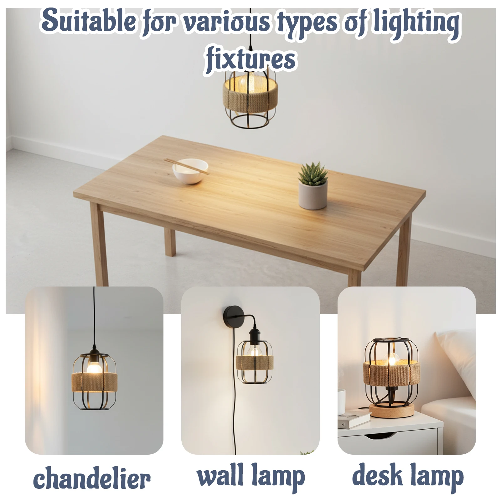 Retro Farmhouse Cylindrical Black Metal Cage Lampshade Hand Woven Jute Rope Light Cover Pendant Chandelier Wall Fit