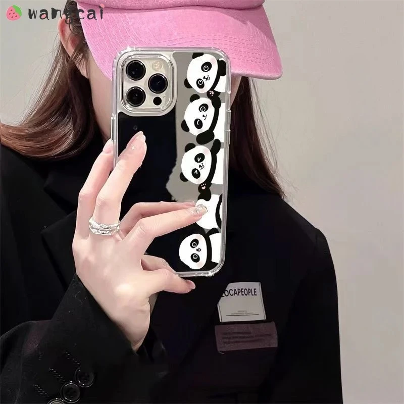 

For Motorola Moto G22 E32 G75 Power G05 G04S E15 S50 E22i E13 E7 Edge 50 Fusion 40 Neo Pro Phone Case Cute Panda Mirror Cover