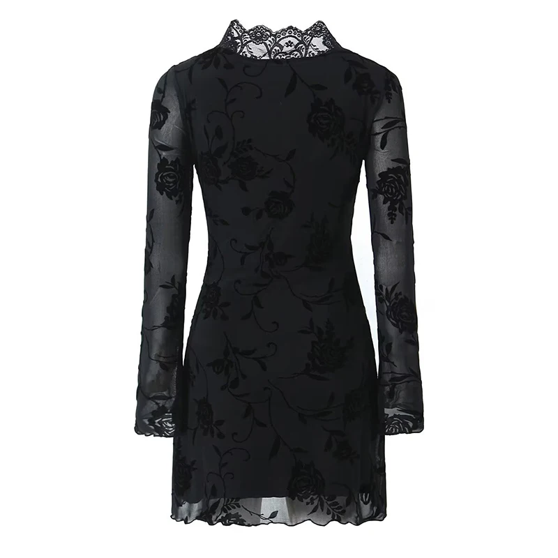 YENKYE Herbst Frauen Beflockung Schwarz Floral Spitze Patchwork Sexy Kleid Langarm V-ausschnitt Paket Hüfte Mini Robe Weibliche Vestidos