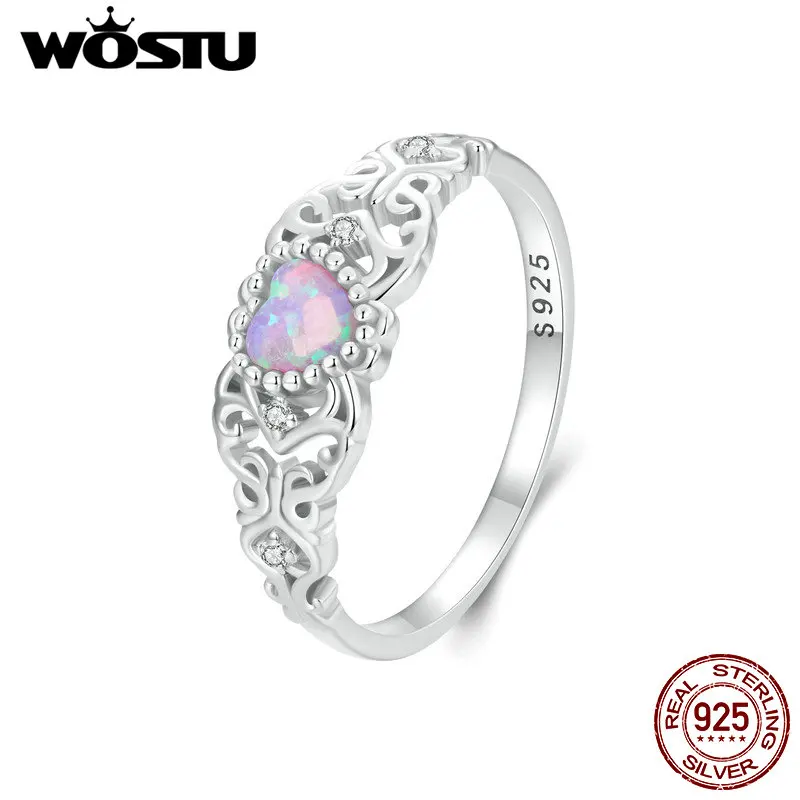 WOSTU Real 925 Sterling Silver Pink Opal Heart Rings For Women Crown Style Flower Zircon Wedding Ring Fine Party Jewelry Gift