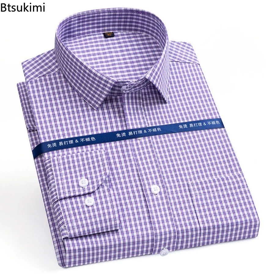 2024 Herren lang ärmel ige karierte Freizeit hemden Mode klassische gestreifte Business Social Dress Shirts atmungsaktive Baumwolle Männer Blousers