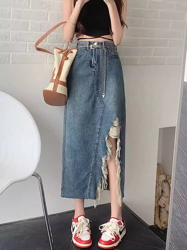 

Новая летняя женская джинсовая юбка 2026 года в стиле ретро, асимметричная, с высокой талией, А-силуэт, с разрезом, длинная, больших размеров, стройнящая, повседневная, миди-юбка