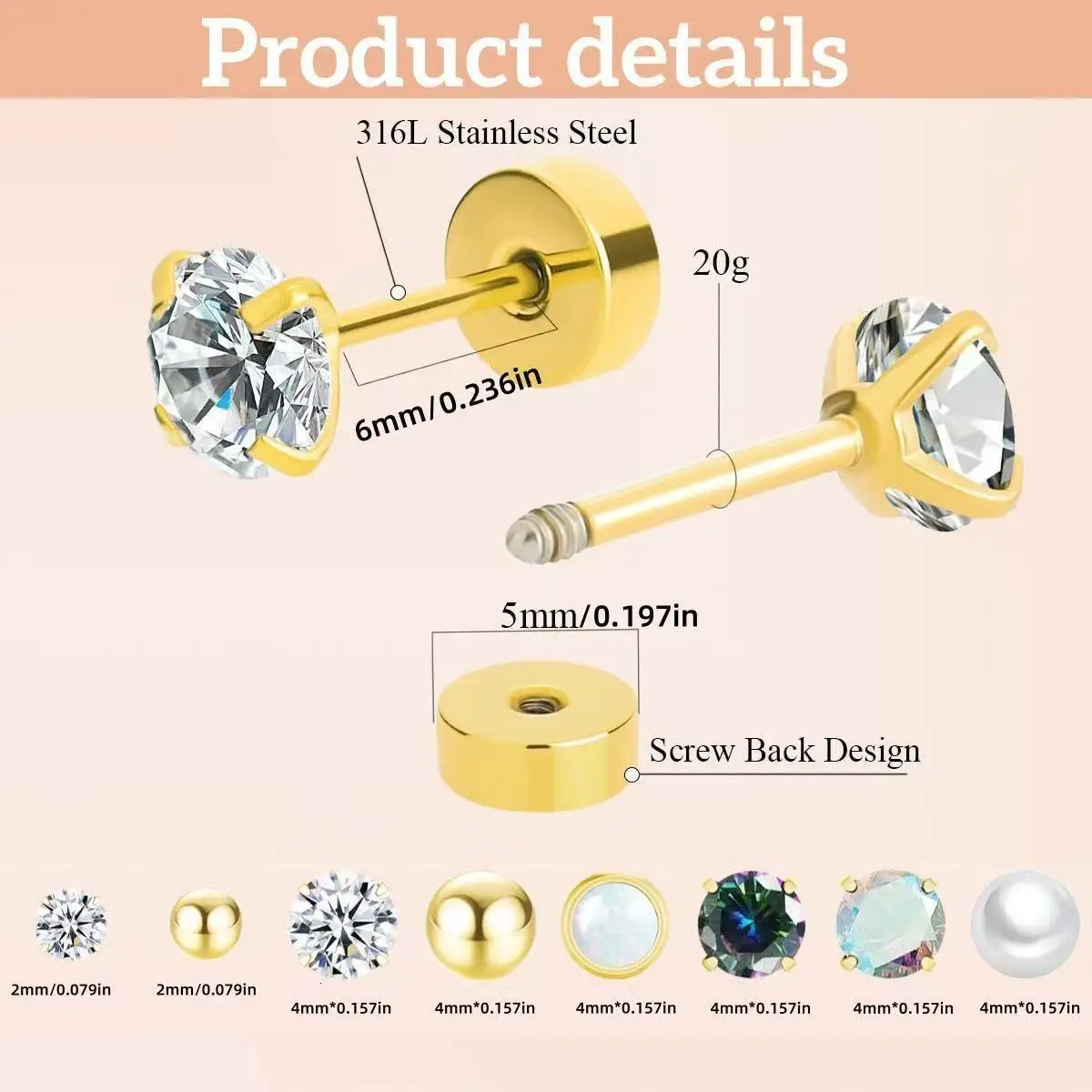 Wholesale 6 Pairs Stainless Steel Earrings Set, CZ Inlaid Huggie Hoops & Round Zircon Studs Multi‑Size Women Jewelry