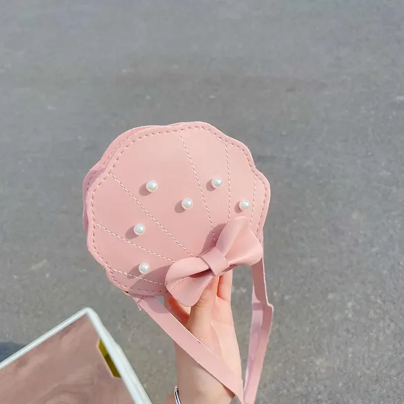 Cute Children's Small Shoulder Bags PU Leather Baby Girls Messenger Bag Lovely Princess Pearl Shell Coin Purse Kids Handbags