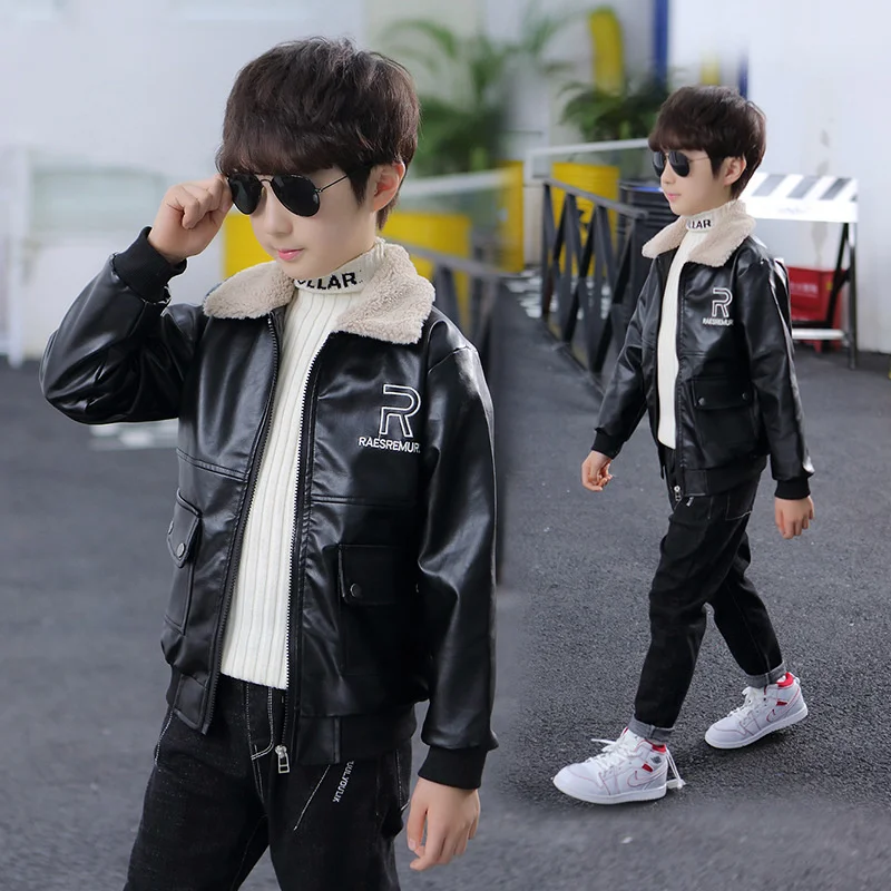 Children Leather Jackets Boy Plus Velvet Coat Kids Winter Thicken Outerwear Letter Casual Outwear 2-14Y Leather  Clothes