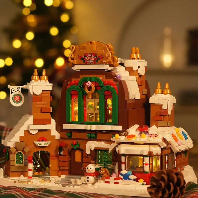 Christmas Gingerbread House Building Blocks ชุด Street View Xtmas House อิฐแสงของเล่นเด็กผู้ใหญ่ Xmas ของขวัญ