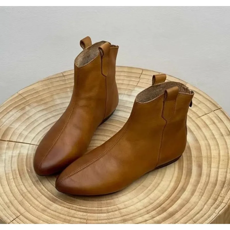 

Дизайнерская женская обувь на плоской подошве, модные ботильоны в стиле ретро, повседневные короткие ботинки больших размеров на молнии, однотонные, теплые, на плоской подошве, Zapatos Mujer