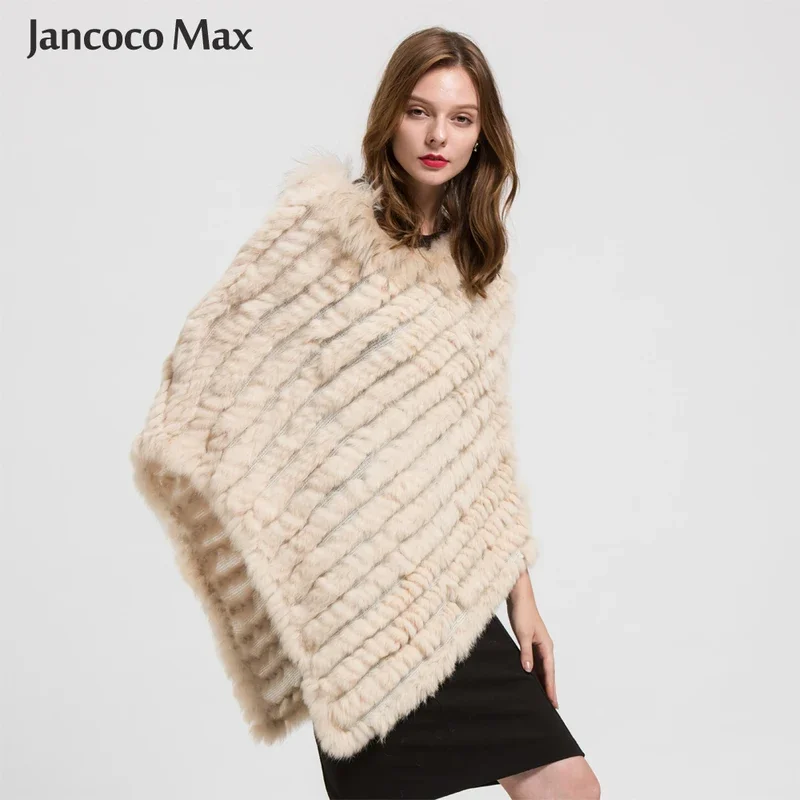 Real Fur Poncho Women's Genuine Rabbit Knitted Shawl Raccoon Fur Collar Large Cape Winter Fashion Rabbit Fur Poncho S1729