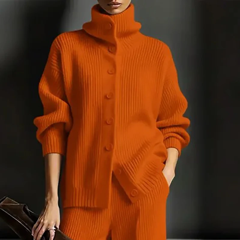 

Повседневные прямые костюмы с карманами, новая зимняя водолазка, свитер с длинными рукавами и брюки, комплекты из 2 предметов, простой однотонный теплый свободный наряд