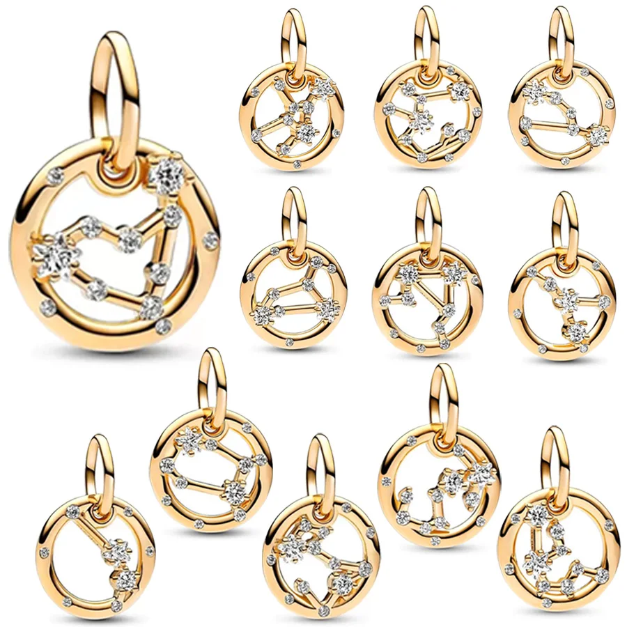 Hot Sale Gold Plated 12 Zodiac Signs Dangle Charm Bead Fit Original 925 Sterling Silver Women Bracelet DIY Making Jewelry Gift