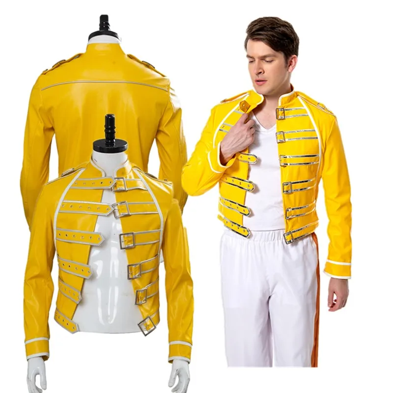 Queen Freddie Cosplay Mercury Costume Band Disguise Adult Men Fantasy Yellow Jacket Coat Outfits Halloween Carnival Party Suit