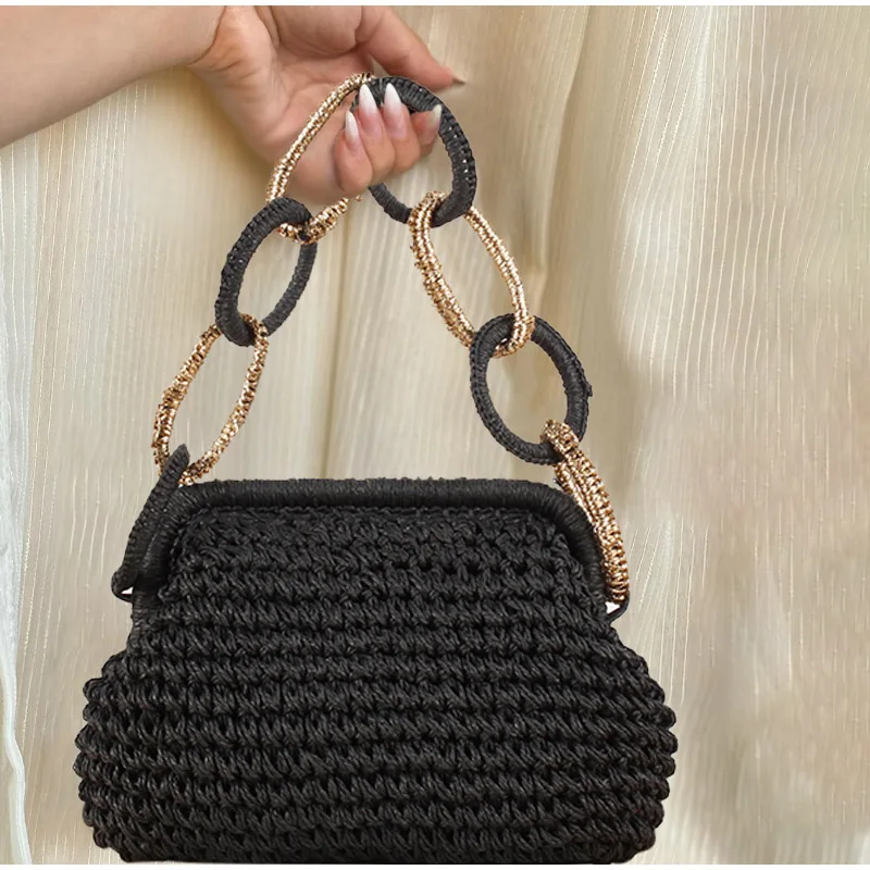 

Brand Straw Woven Bag Rope Buckle Interlocking Designer Handbag Versatile Clip Bag Purse Commuting Clutch Bag Ladies Banquet Bag