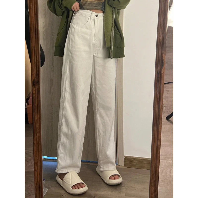 

Белые джинсы с высокой талией, женские миниатюрные прямые брюки, свободный крой, весна-осень, новые летние брюки для папы с высокой талией и широкими штанинами