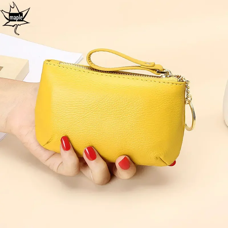 Yellow One Zip Short Wallets Mini Card Cash Holder 100% Natural Cowhide Leather Women Wallet Clutch Coin Purse Small Pouch